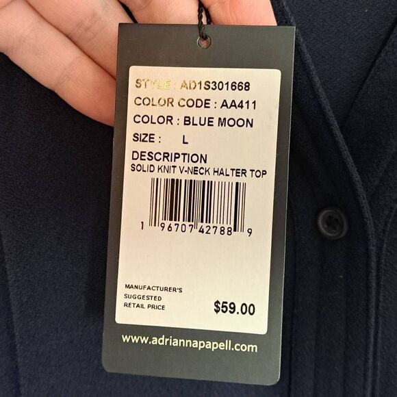Adrianna Papell Solid V Neck Halter Top in Blue Moon size Large NWT - Picture 6 of 8